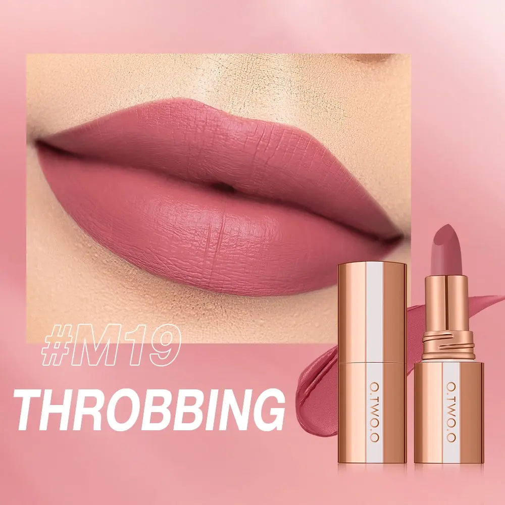 Lipstick with a close-up of lips wearing the color, brand visible