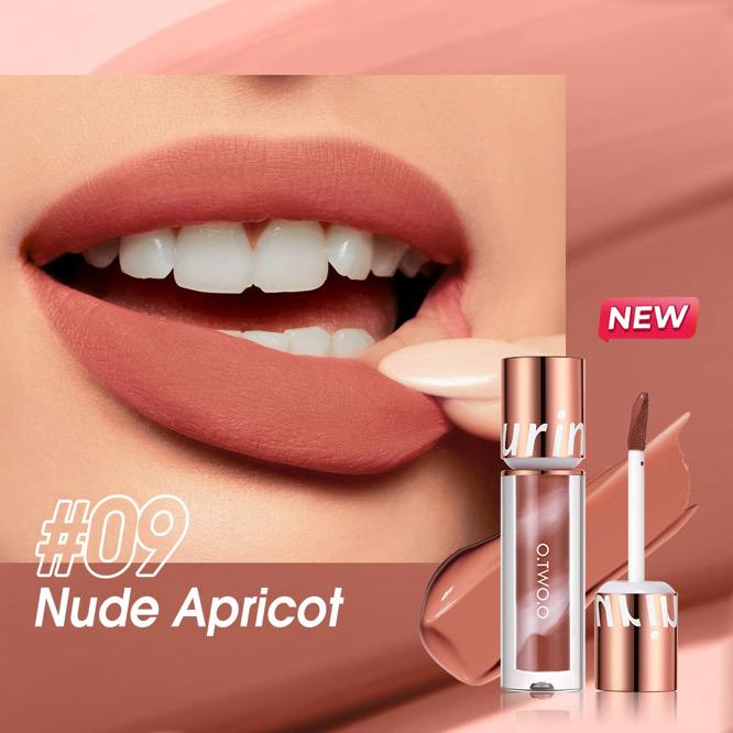 Lipstick with 'Nude Apricot' shade on a close-up of lips, brand 'Olimin' visible.