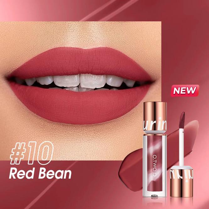 Lipstick with 'Red Bean' shade on a close-up of lips, brand name visible