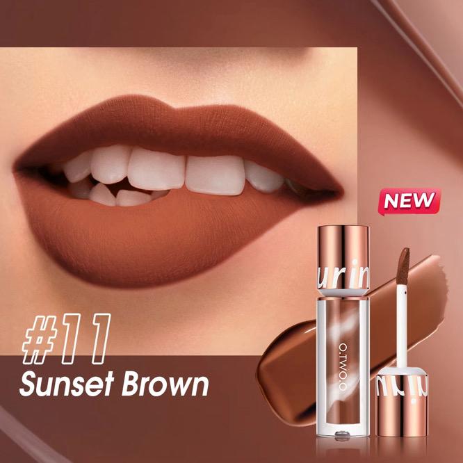 Lipstick with 'Sunset Brown' shade and brand name on a matching background